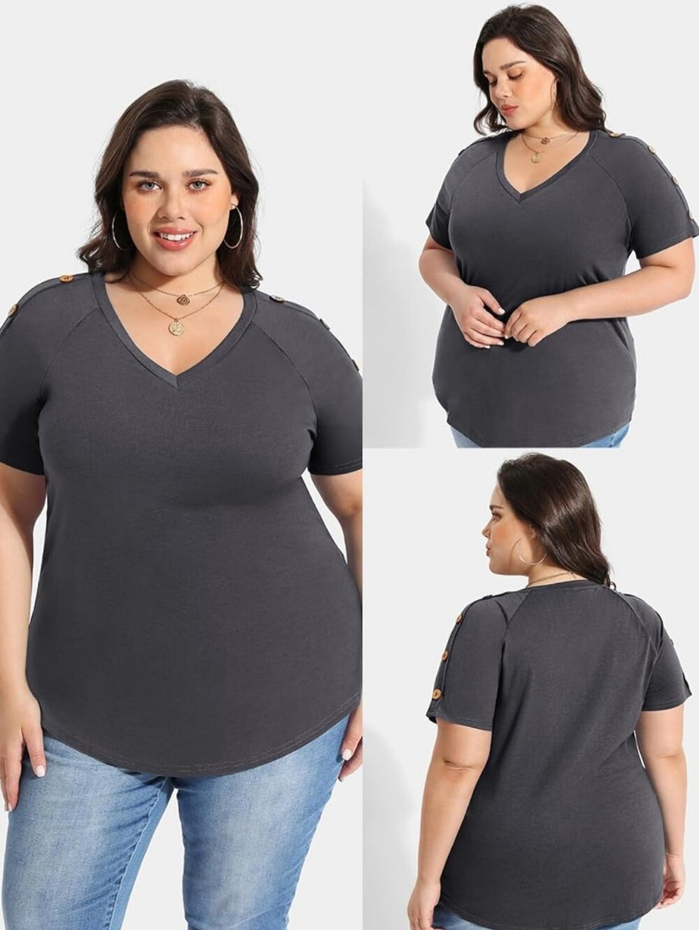 Short Sleeve Button V-neck Tunic Dark Grey Xl - Picture 2 of 4